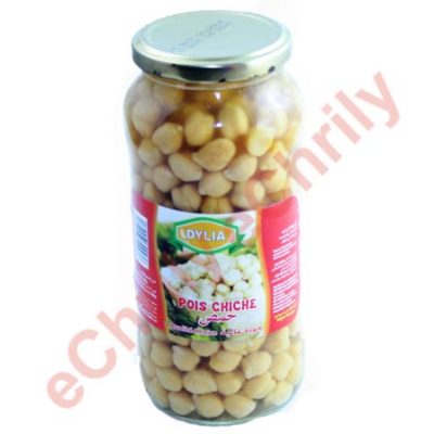 Pot de Conserve de Pois Chiche Dylia 580 G, parfait pour des recettes savoureuses. Étiquettes